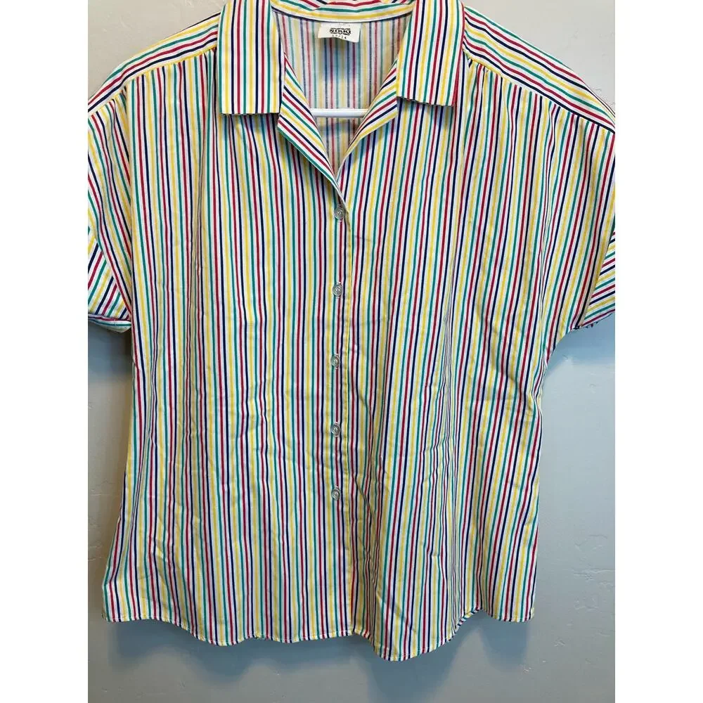 70's Vintage Nikki Rainbow Striped Short Sleeve Button Up Blouse Size 13/14 - Picture 10 of 12